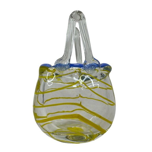 Vintage Handblown Art Glass MINI Basket Purse Blue & Yellow Swirls 2 Inch Decor - Picture 9 of 11